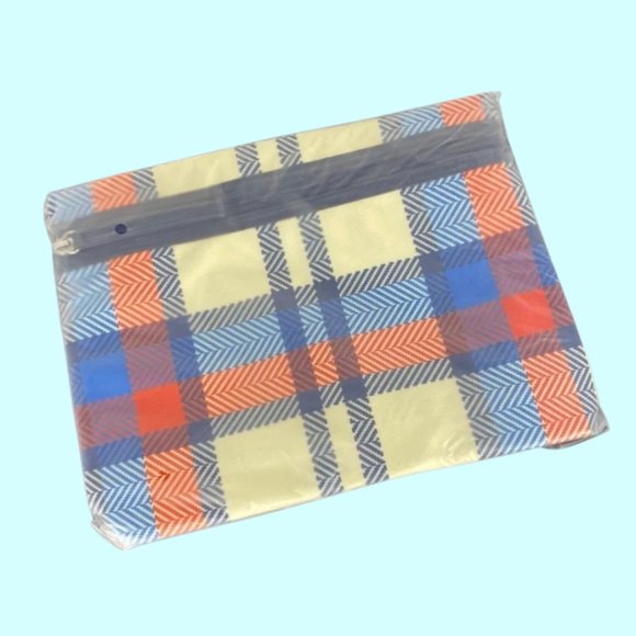 NWT Checked Red Cream and Blue Makeup Pouch - Picture 1 of 4
